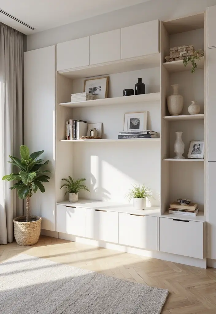 25 Decor Home Living Room Small Spaces Layouts That Inspire - 15. Minimalistic Display Units