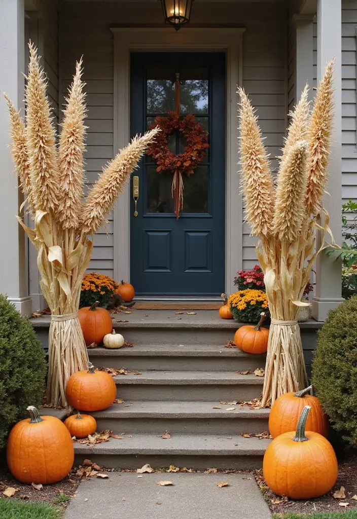 25 Fall Decor Ideas for the Home Porch That Wow Visitors - 11. Cornstalk Accents