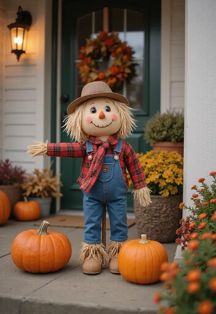 25 Fall Decor Ideas for the Home Porch That Wow Visitors - 18. Scarecrow Charm