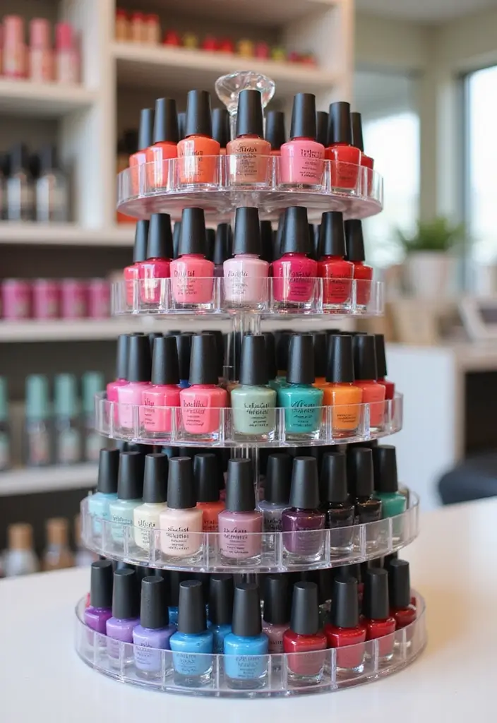 25 Nail Salon Decor Small at Home Ideas for a Chic Setup - 1. Colorful Nail Polish Display