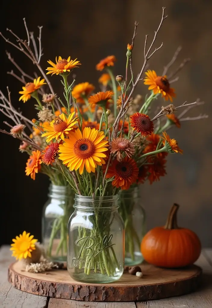 25 Simple Fall Decor Ideas for the Home That Feel Warm and Cozy - 7. Floral Arrangements in Mason Jars