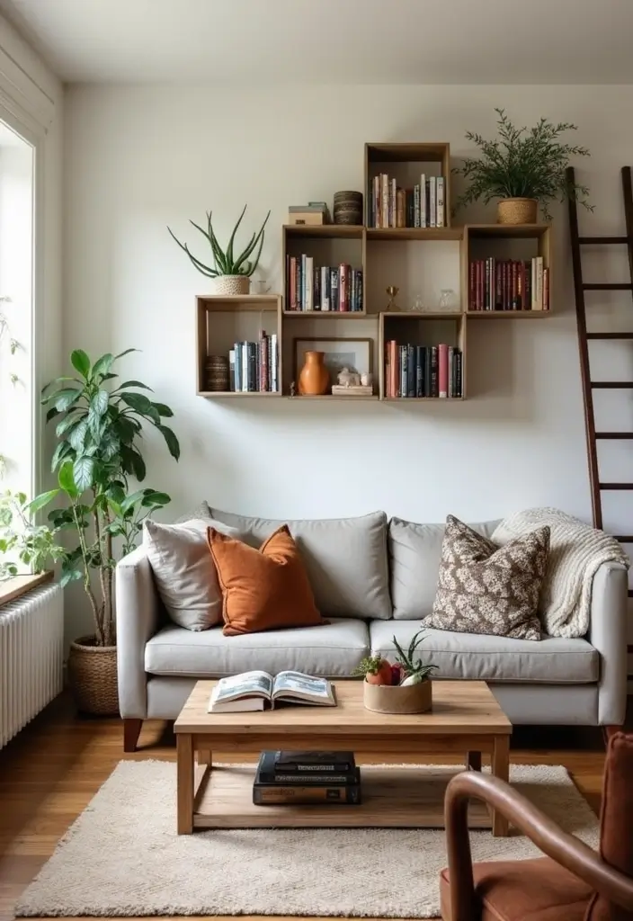27 Cozy Home Decor Ideas Living Room Designs for Ultimate Comfort - 25. Unique Shelving Solutions