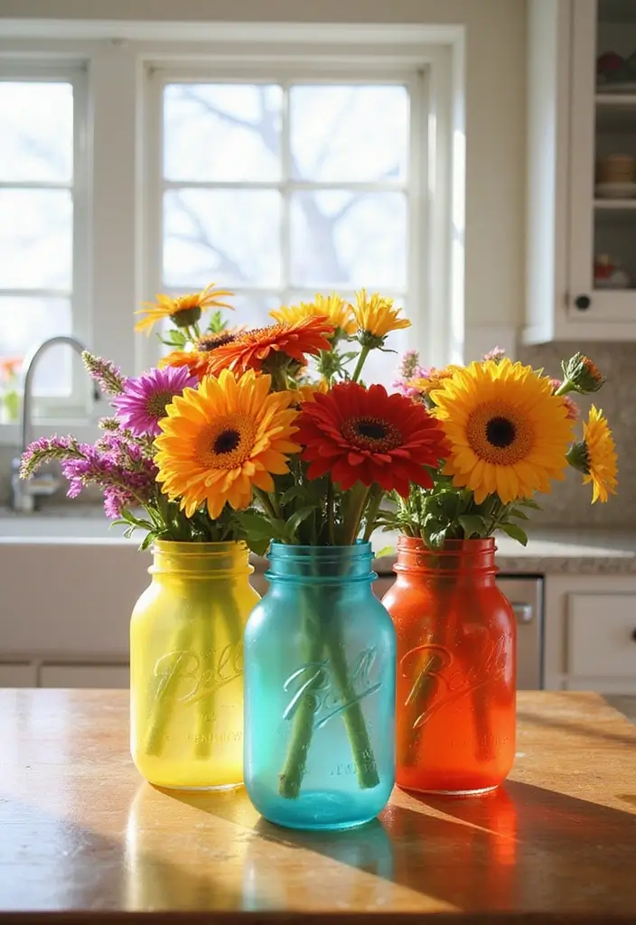 27 DIY Home Decor on a Budget Projects That Look Luxurious - 20. DIY Colorful Mason Jar Vases