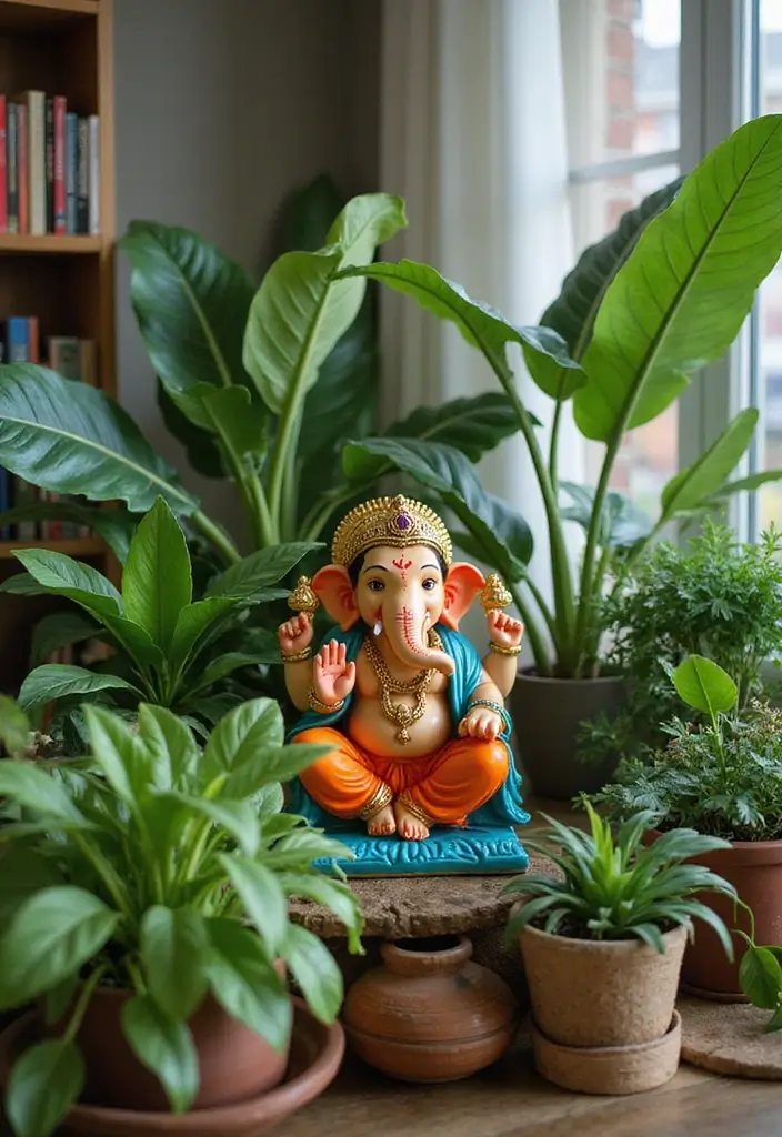27 Ganesh Decoration Ideas for Simple Yet Beautiful Home Decor - 12. Live Plants as Decor