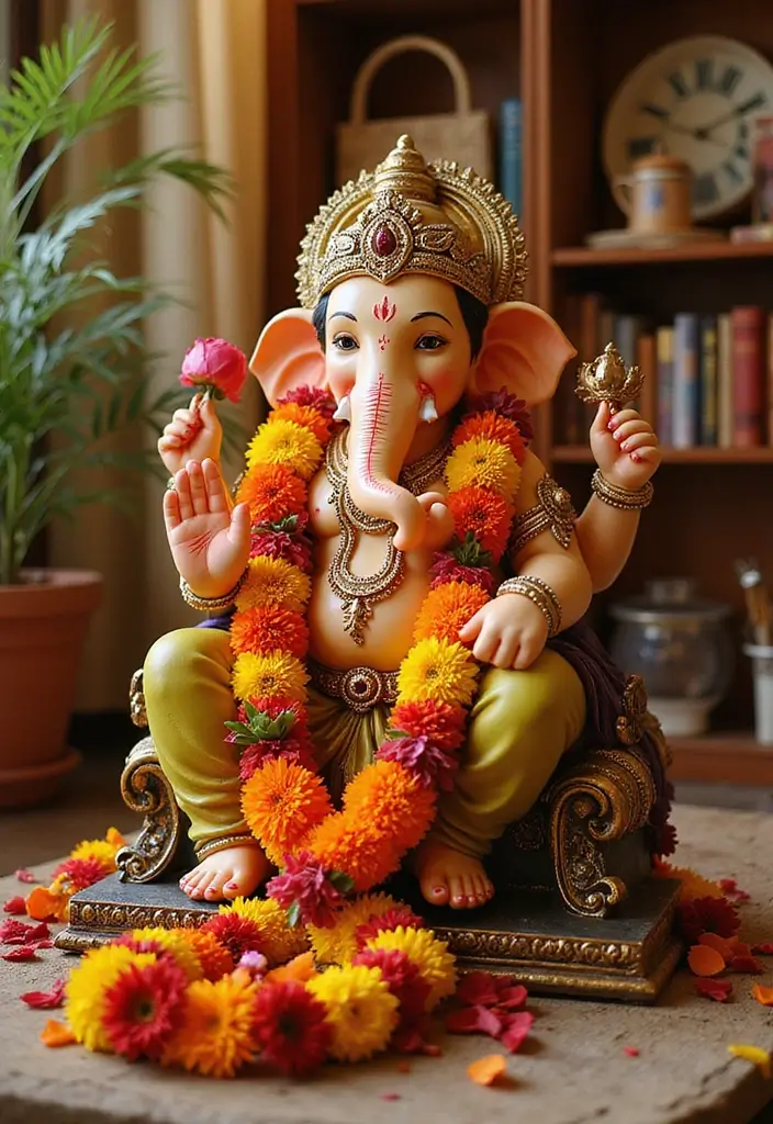 27 Ganesh Decoration Ideas for Simple Yet Beautiful Home Decor - 2. Flower Garlands Made from Fresh Blooms