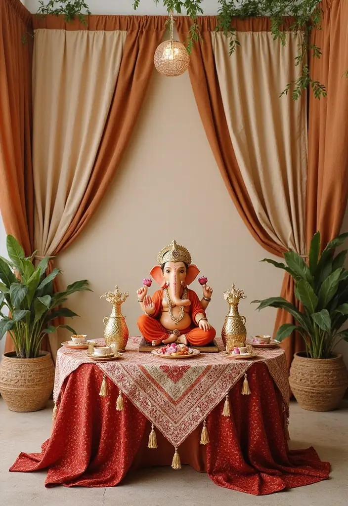 27 Ganesh Decoration Ideas for Simple Yet Beautiful Home Decor - 5. Natural Fabric Drapes and Tablecovers
