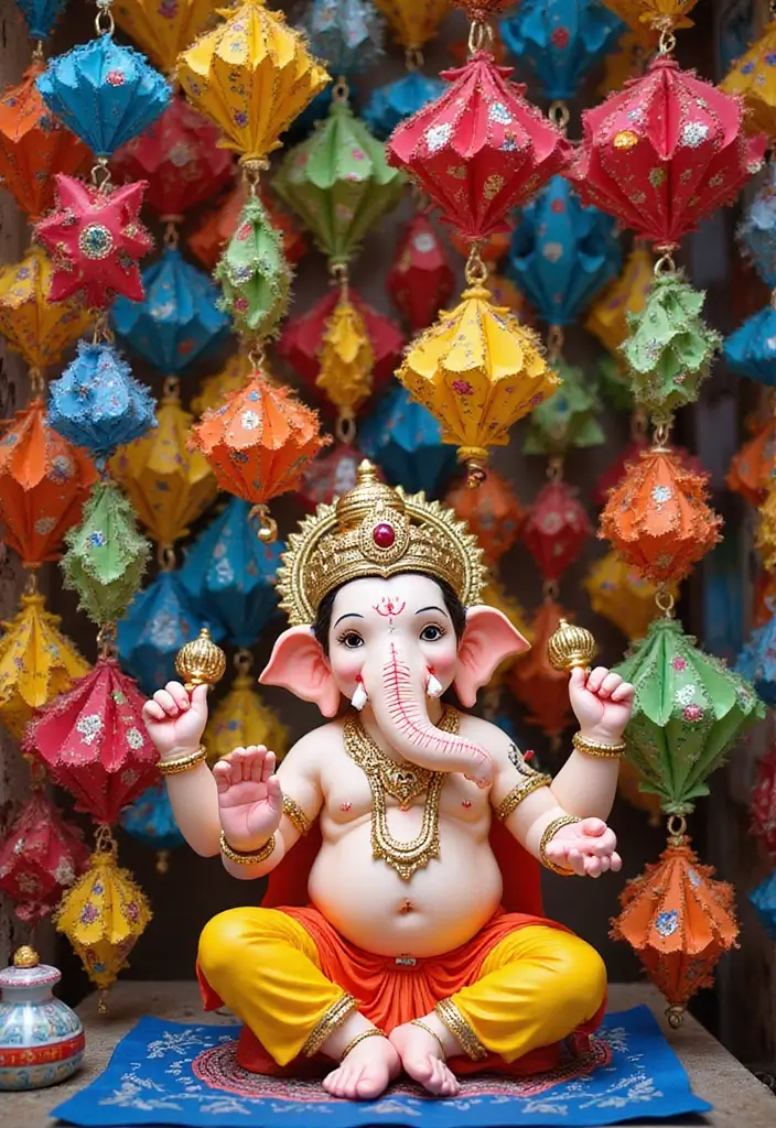 27 Ganesh Decoration Ideas for Simple Yet Beautiful Home Decor - 7. Colorful Paper Decorations