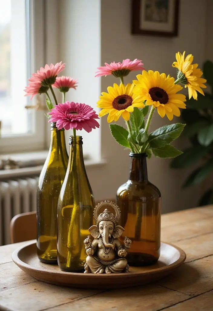 27 Ganesh Decoration Ideas for Simple Yet Beautiful Home Decor - 9. Recycled Bottle Flower Vases