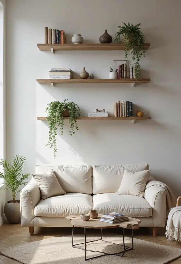 27 Home Decor Ideas Living Room Apartment Style for Urban Spaces - 2. Wall-Mounted Shelving