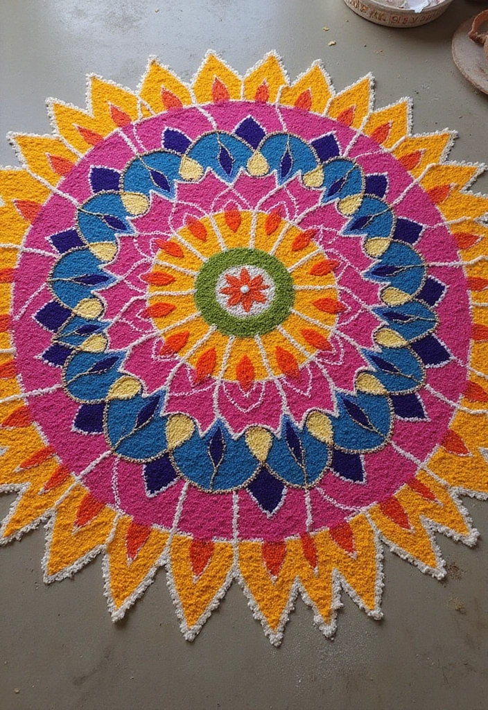 27 Mehendi Function Decor at Home Simple and Elegant Ideas - 11. Traditional Rangoli Designs