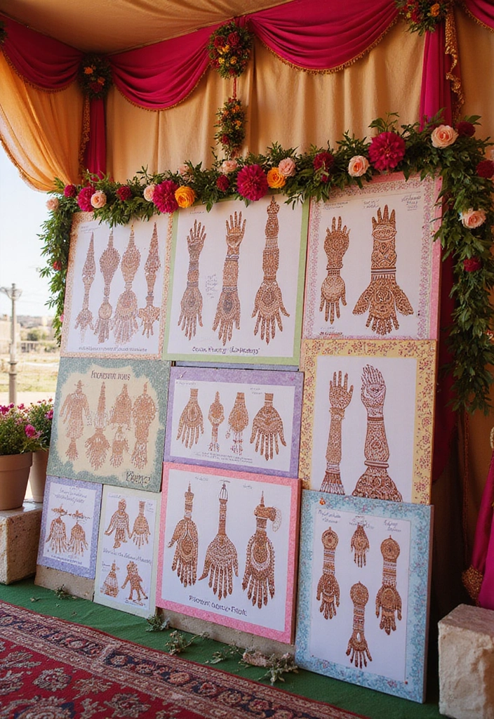 27 Mehendi Function Decor at Home Simple and Elegant Ideas - 20. Customizable Henna Design Boards