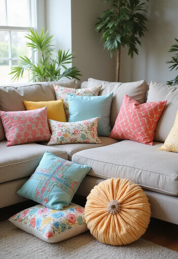 27 Spring Home Decor Ideas: Living Rooms Full of Fresh Energy - 13. Colorful Throw Pillows