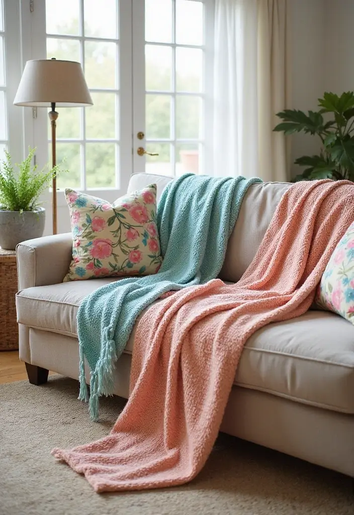 27 Spring Home Decor Ideas: Living Rooms Full of Fresh Energy - 26. Seasonal Throw Blankets