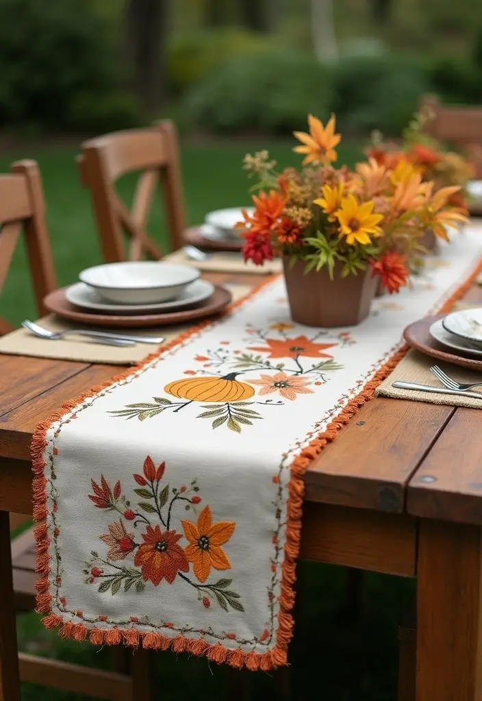 28 Fall Decor Ideas for the Home Outdoor Looks to Welcome Guests - 24. Embroidered Table Runner