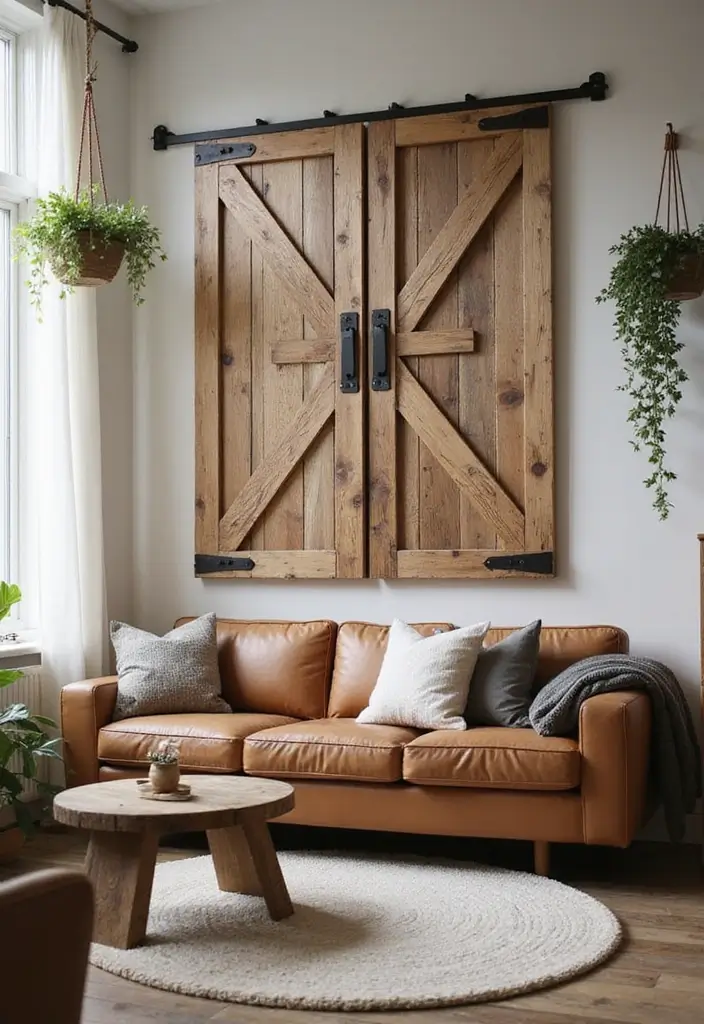 28 Home Decor Ideas Living Room Farmhouse Style You Can DIY - 1. Barn Door Wall Art