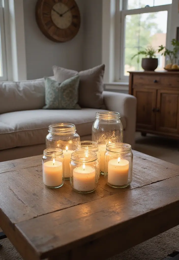 28 Home Decor Ideas Living Room Farmhouse Style You Can DIY - 11. Jar Candle Holders