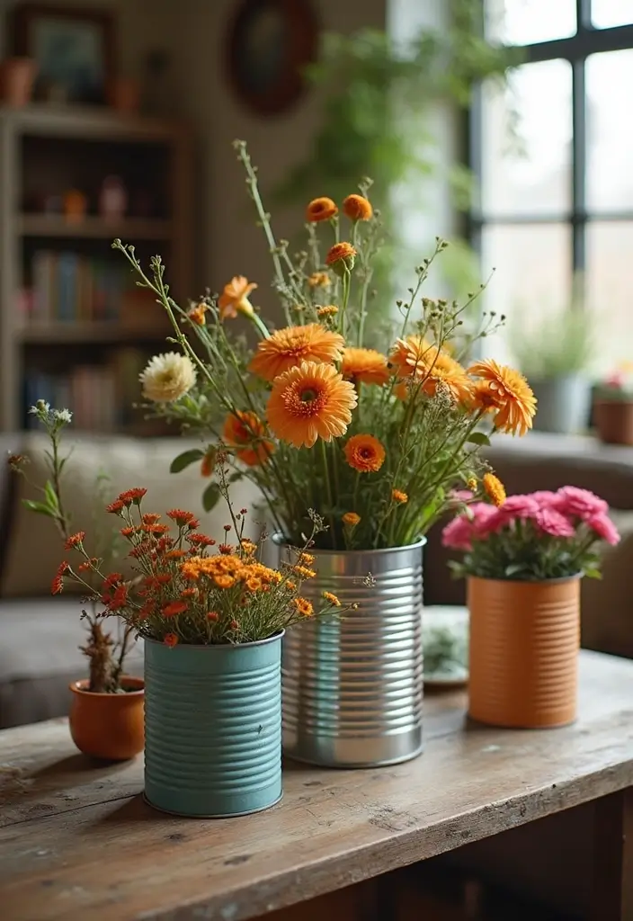 28 Home Decor Ideas Living Room Farmhouse Style You Can DIY - 28. Upcycled Tin Can Vases