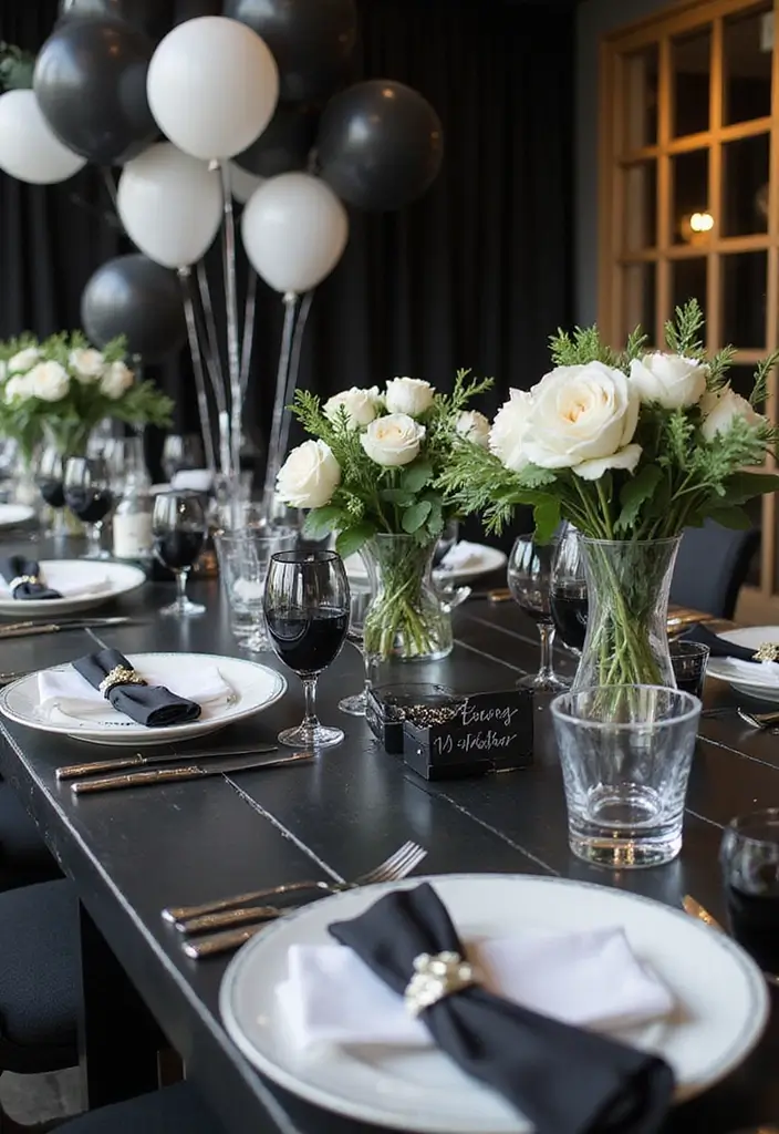 30 Classy Home Birthday Party Ideas for Adults Decor - 4. Black and White Affair