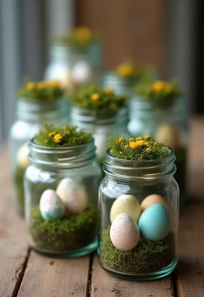 30 Easter Decor Ideas for the Home That Are Fresh and Cheerful - 9. Decorative Jars with Eggs and Moss