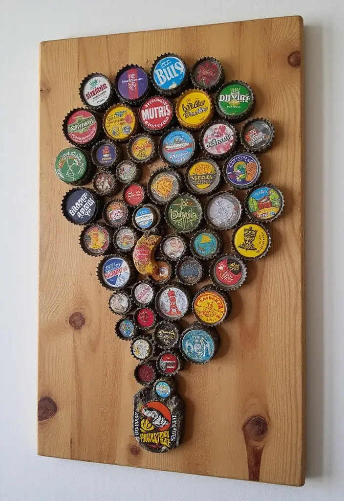 30 Easy DIY Home Decor Cheap Homemade Wall Art Craft Ideas You’ll Love - 11. Upcycled Bottle Cap Art