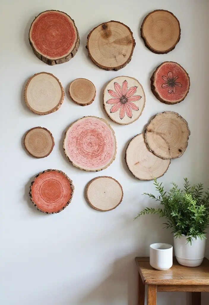 30 Easy DIY Home Decor Cheap Homemade Wall Art Craft Ideas You’ll Love - 23. Painted Wood Slice Art