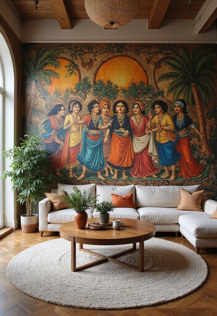30 Ethnic Home Decor Indian Living Rooms That Tell a Story - 11. Artistic Wall Murals