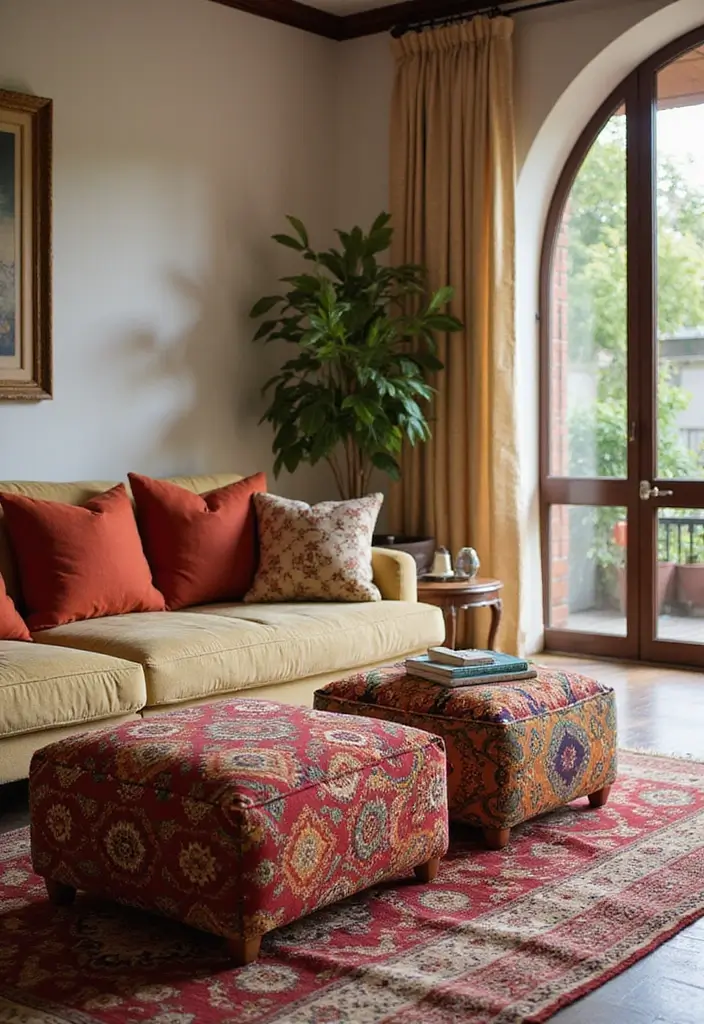 30 Ethnic Home Decor Indian Living Rooms That Tell a Story - 15. The Charm of Ottomans