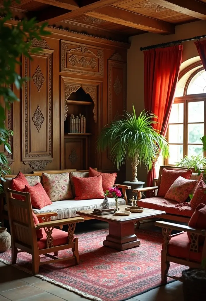 30 Ethnic Home Decor Indian Living Rooms That Tell a Story - 2. Handcrafted Wooden Furnishings
