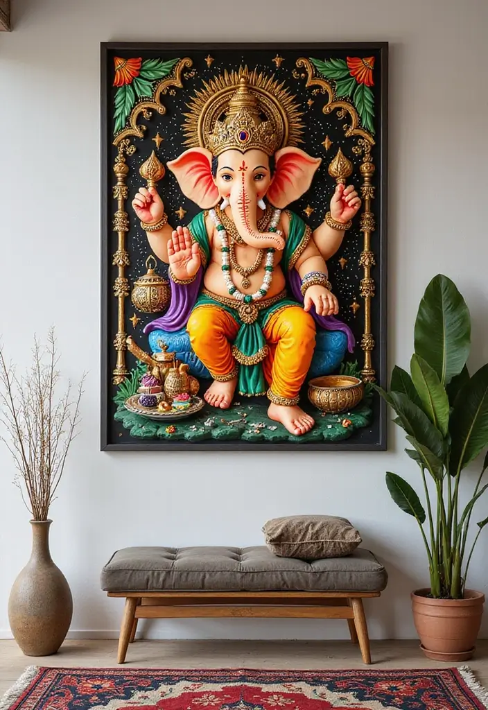 30 Ganesh Decoration Ideas Home Decor DIY for Festive Homes - 10. Hand-Painted Eco-Friendly Wall Art