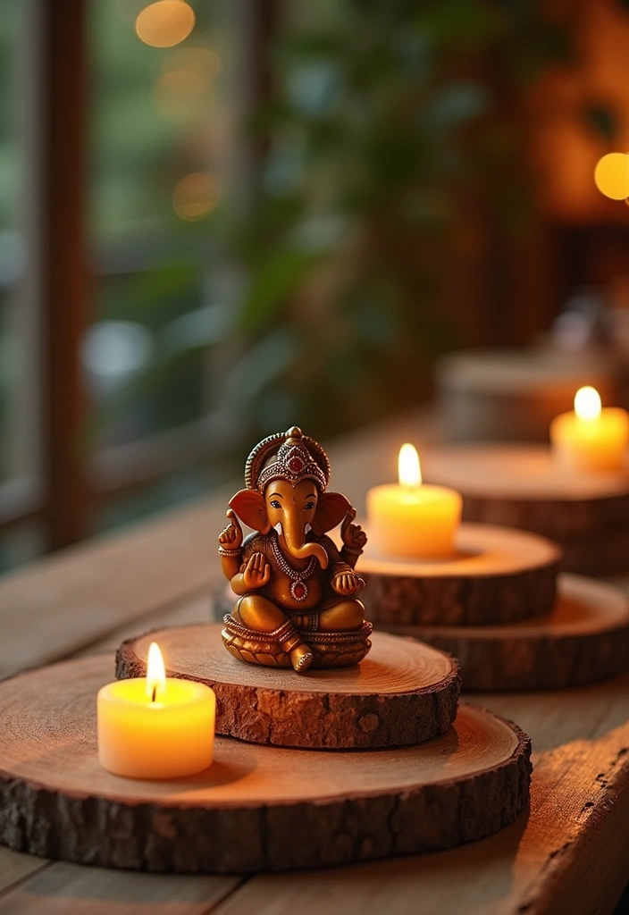30 Ganesh Decoration Ideas Home Decor DIY for Festive Homes - 24. Natural Wood Slice Decor