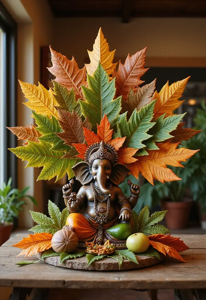 30 Ganesh Decoration Ideas Home Decor DIY for Festive Homes - 8. Leaf Art Ganesh Decorations