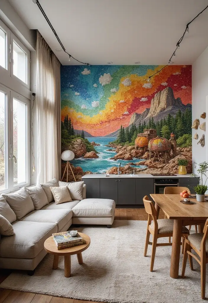 30 Home Decor Ideas Living Room and Kitchen That Blend Beautifully - 20. Sustainable Wall Murals