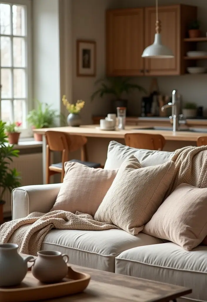 30 Home Decor Ideas Living Room and Kitchen That Blend Beautifully - 29. Cozy Textiles