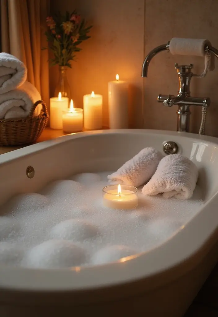 30 Romantic Date Night at Home Decor Ideas for a Cozy Evening - 21. Cozy Bath Setup