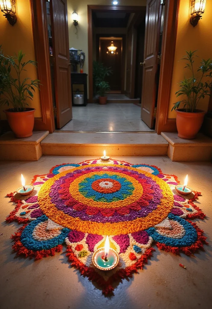 DIY Mehendi Decor Ideas at Home: A Traditional Guide with 19 Colorful Celebration Inspirations - 5. Mehendi Themed Rangoli