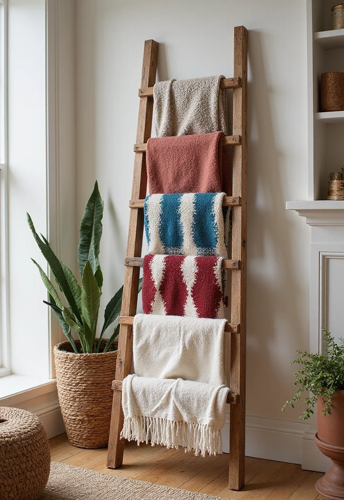 Dollar Tree DIY Home Decor: A Budget-Smart Guide with 19 Simple Crafting Inspirations - 15. Cozy Blanket Ladder