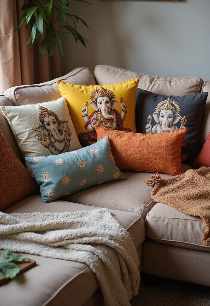 Ganesha Decoration Ideas Home Decor: A Traditional Guide with 20 Festival-Ready Inspirations - 4. Ganesha-Themed Throw Pillows