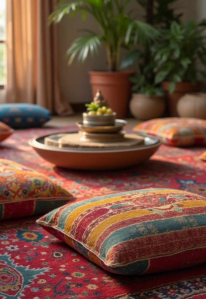 Home Decor Ideas Indian Style: A Vibrant Guide with 19 Cultural Interior Inspirations - 16. Dhurrie Floor Cushions