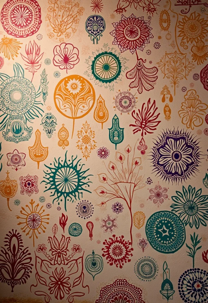 Mehndi Decor at Home Backdrops: A Colorful Guide with 19 Celebration-Ready Inspirations - 4. Mehndi Stencil Art on Walls