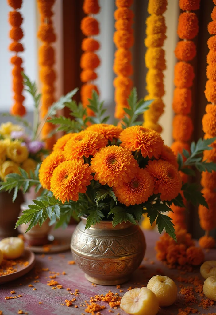 Mehndi Setup Decor at Home: A Festive Guide with 17 Stylish Setup Inspirations - 2. Marigold Flower Arrangements