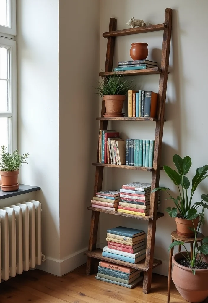 Thrifted Home Decor DIY Ideas: A Budget-Friendly Guide with 18 Upcycled Styling Inspirations - 3. Old Ladder Bookshelf